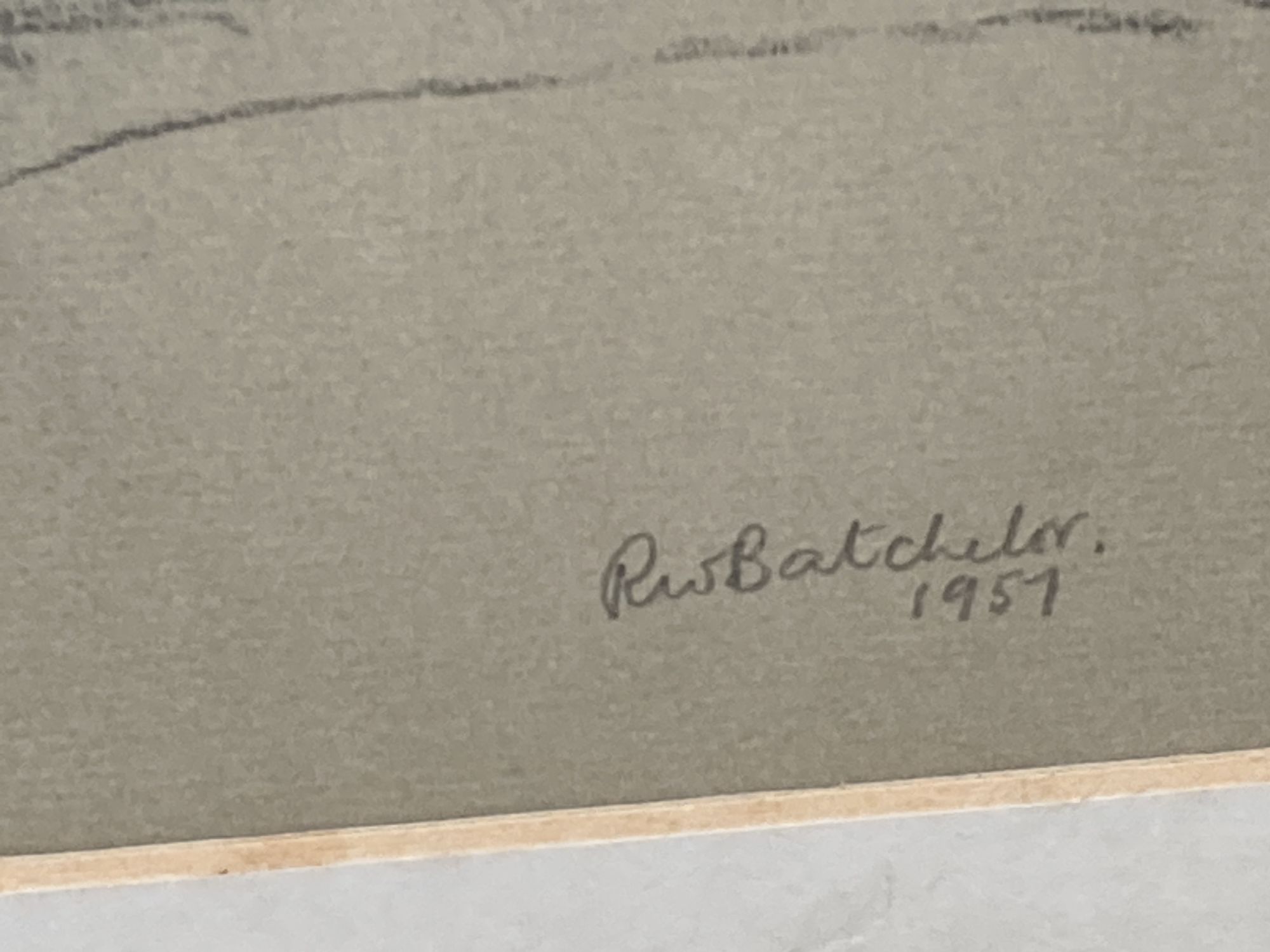 R.W. Batcheler, charcoal sketch, Mountain landscape, signed and dated 1957, 28 x 44cm and a pastel, Springtime on the windrush by A.